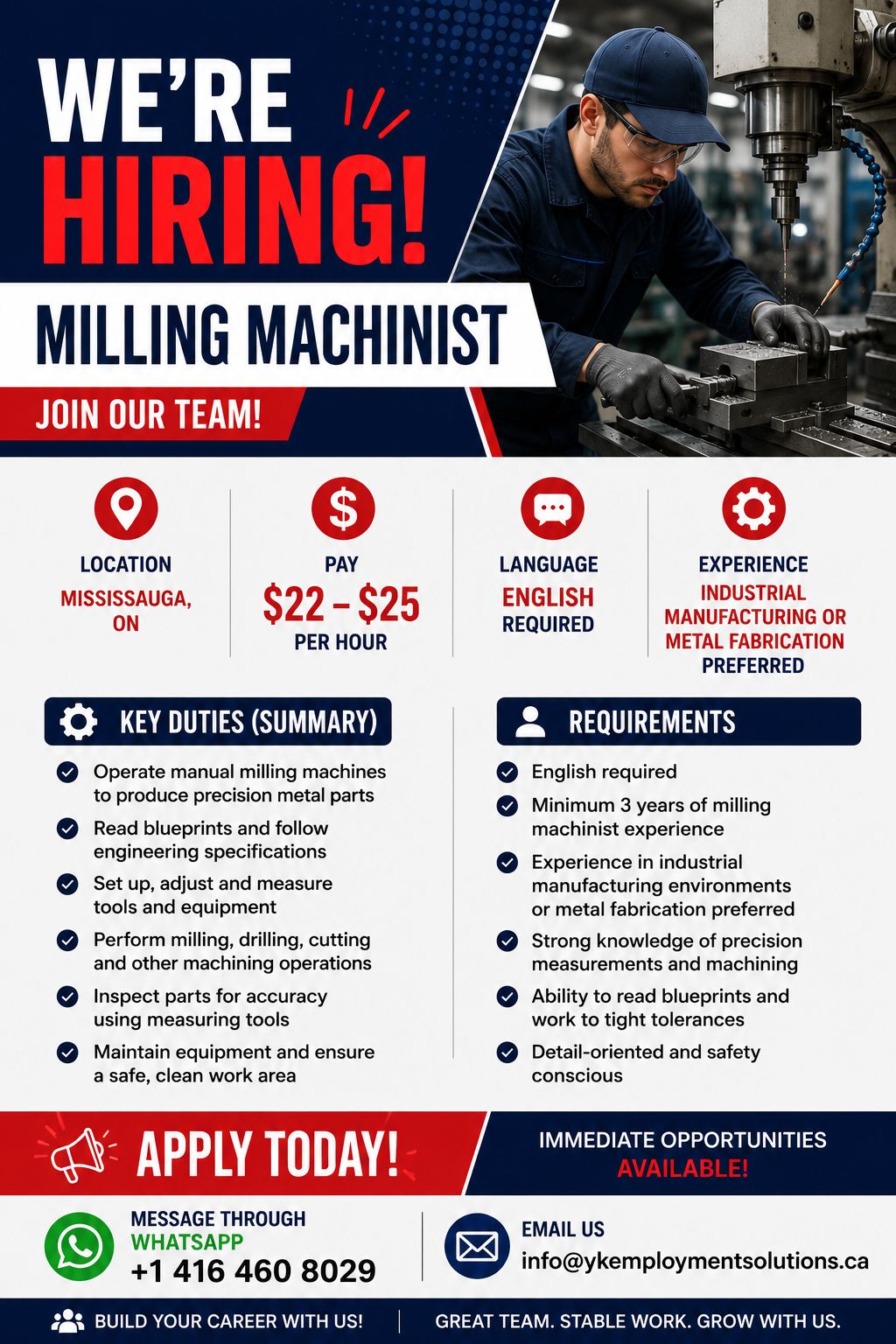 Milling Machinist – Mississauga hiring poster; job details are listed above