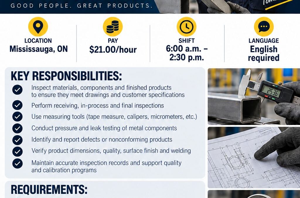 Quality Control Assistant – Metal Fabrication – Mississauga