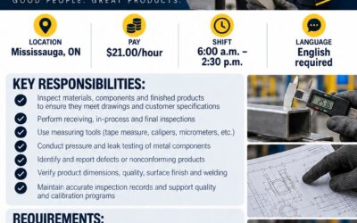 Quality Control Assistant – Metal Fabrication – Mississauga